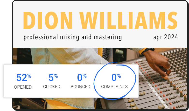 Email from a musician with a 52% open rate and a 0% complaint rate
