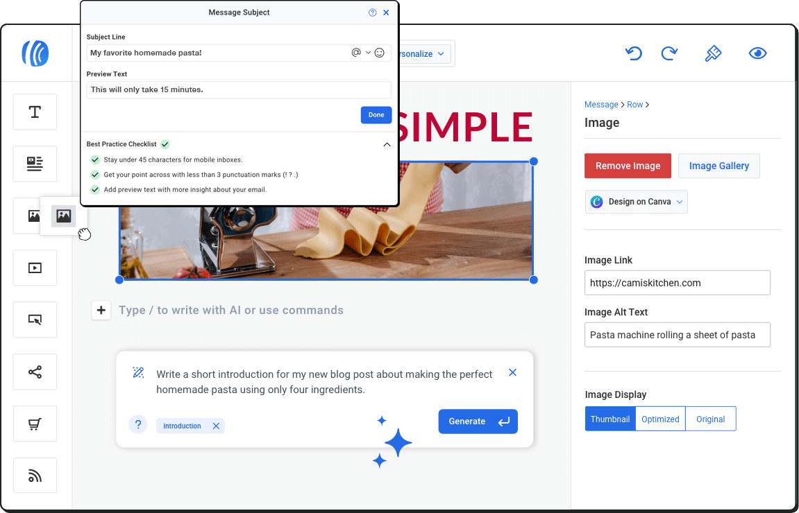 AWeber drag-and-drop message editor with AI writing assistant