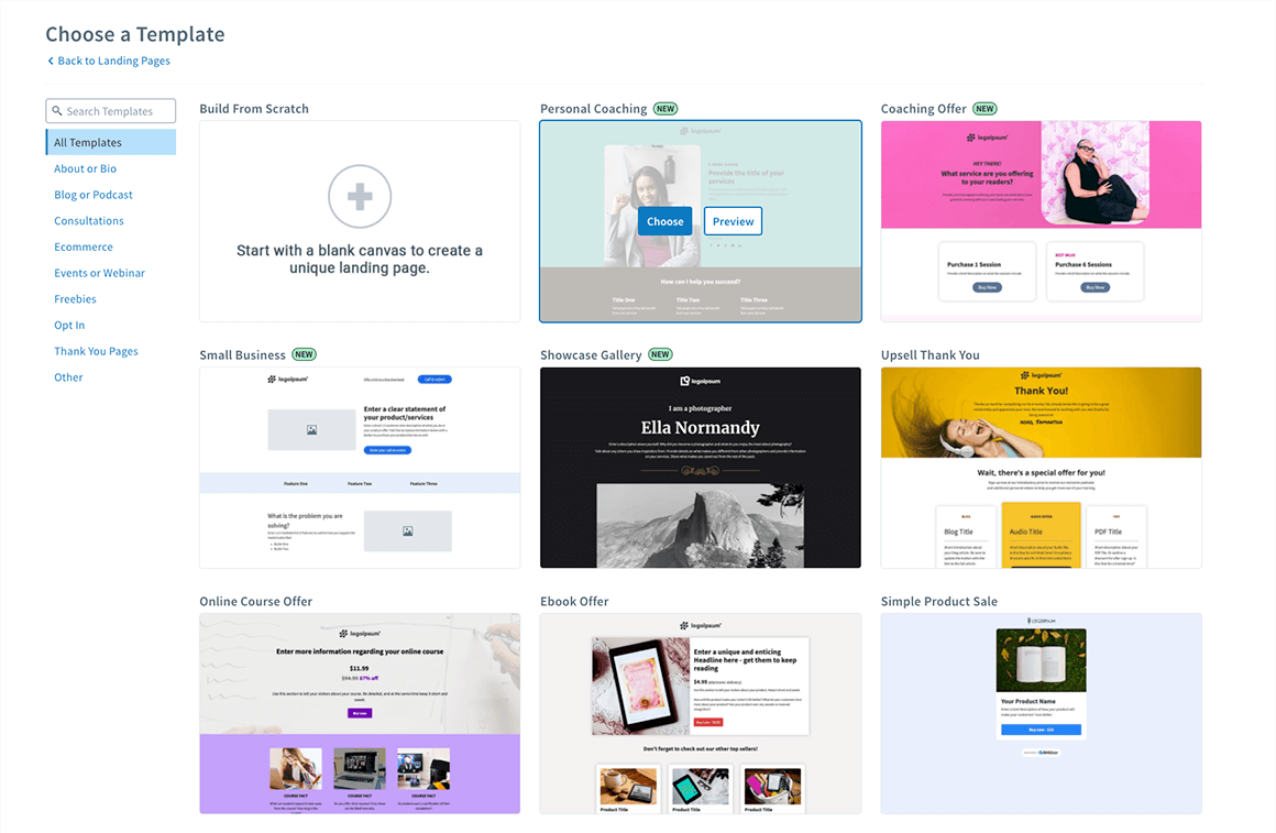 Landing page templates