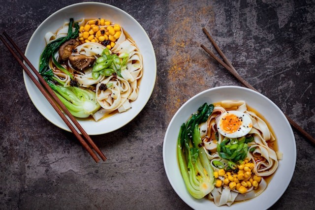 bowls with food with eggs